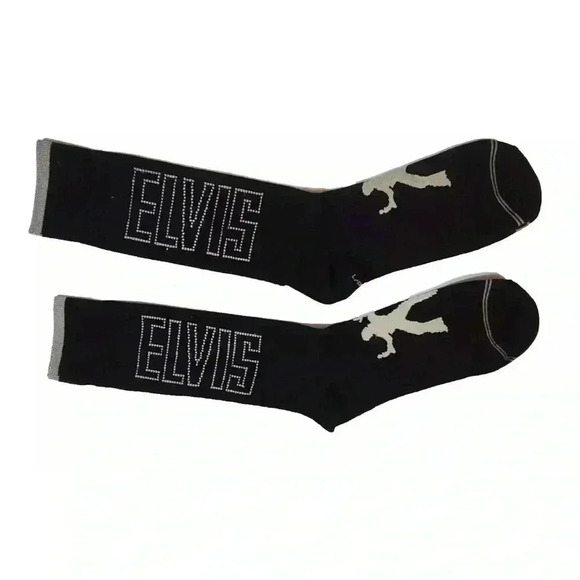 2/$30 BNWT Unisex  Elvis Presley Socks Black ELVIS Silver Block Letters - Picture 3 of 12